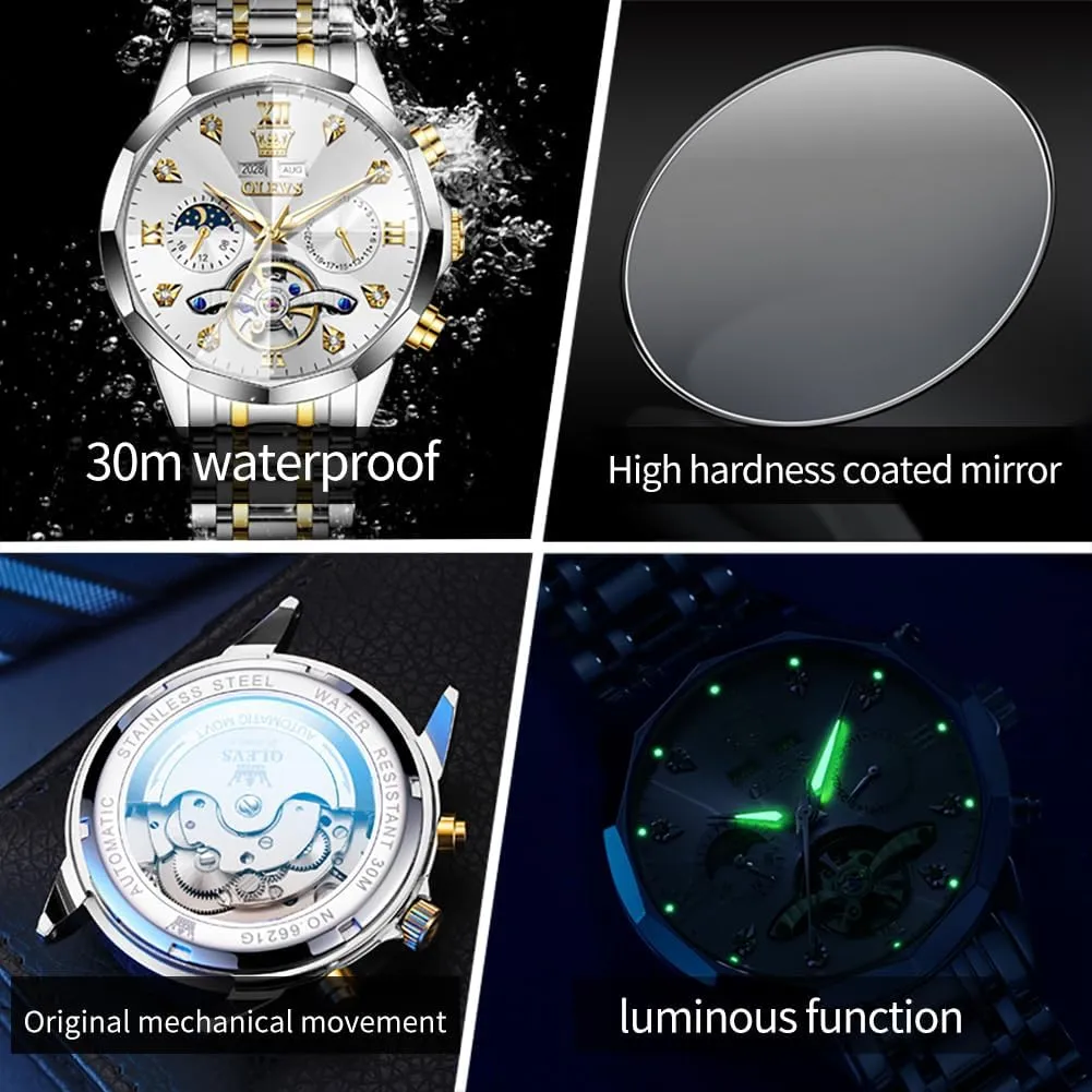 Waterproof Luminous Male Watches OLEVS Automatic Watch for unfairly prevent markedly Men Luxury Diamond Self Winding Multifunctional Men's Calendar Watch Stainless Steel 