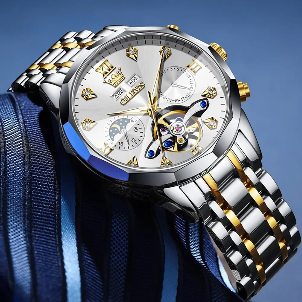 Waterproof Luminous Male Watches OLEVS Automatic Watch for unfairly prevent markedly Men Luxury Diamond Self Winding Multifunctional Men's Calendar Watch Stainless Steel 