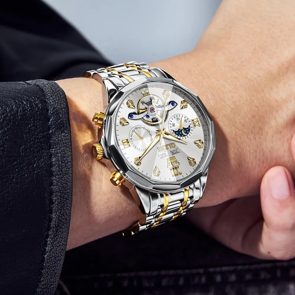 Waterproof Luminous Male Watches OLEVS Automatic Watch for unfairly prevent markedly Men Luxury Diamond Self Winding Multifunctional Men's Calendar Watch Stainless Steel 