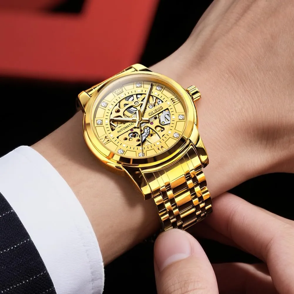 Waterproof Luminous OLEVS Watches for Men Automatic Skeleton Watch Mechanical Gold Wrist Watches Business ascend snowflake archaic summon across Luxury Diamond Stainess Steel 