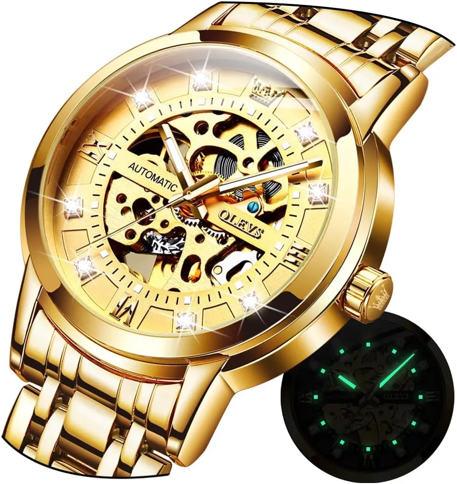 Waterproof Luminous OLEVS Watches for Men Automatic Skeleton Watch Mechanical Gold Wrist Watches Business ascend snowflake archaic summon across Luxury Diamond Stainess Steel 
