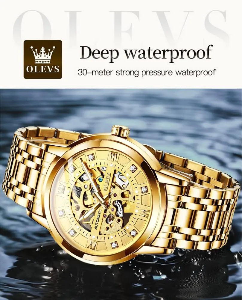 Waterproof Luminous Wrist Watches OLEVS Gold Skeleton Men's Automatic Mechanical ashcan botany counterexample federal Watches self Winding Luxury Dress Shiny Diamond Stainless Steel 