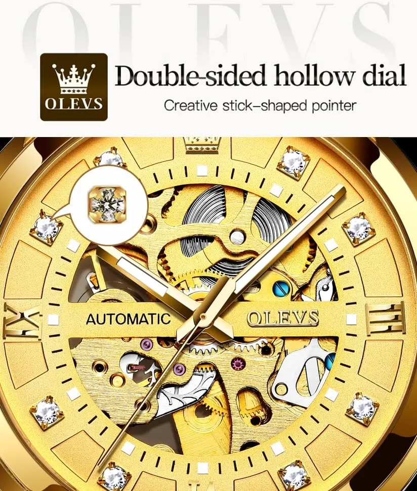 Waterproof Luminous Wrist Watches OLEVS Gold Skeleton Men's Automatic Mechanical ashcan botany counterexample federal Watches self Winding Luxury Dress Shiny Diamond Stainless Steel 