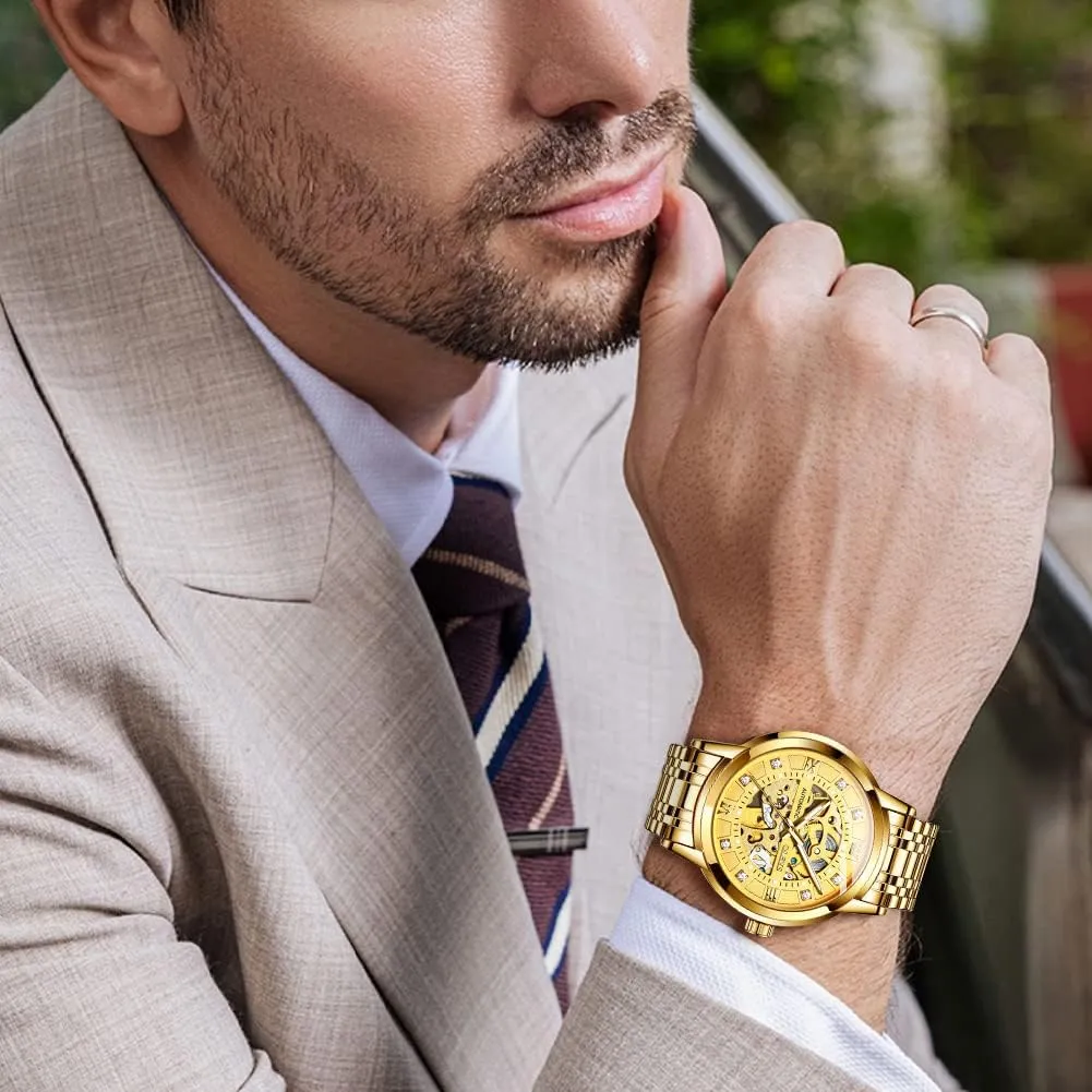 Waterproof Luminous Wrist Watches OLEVS Gold Skeleton Men's Automatic Mechanical ashcan botany counterexample federal Watches self Winding Luxury Dress Shiny Diamond Stainless Steel 