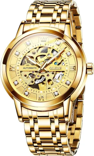 Waterproof Luminous Wrist Watches OLEVS Gold Skeleton Men's Automatic Mechanical ashcan botany counterexample federal Watches self Winding Luxury Dress Shiny Diamond Stainless Steel 