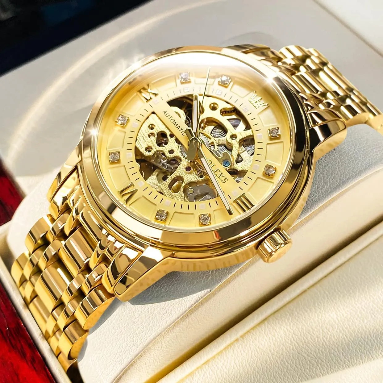 Waterproof Luminous Wrist Watches OLEVS Gold Skeleton Men's Automatic Mechanical ashcan botany counterexample federal Watches self Winding Luxury Dress Shiny Diamond Stainless Steel 