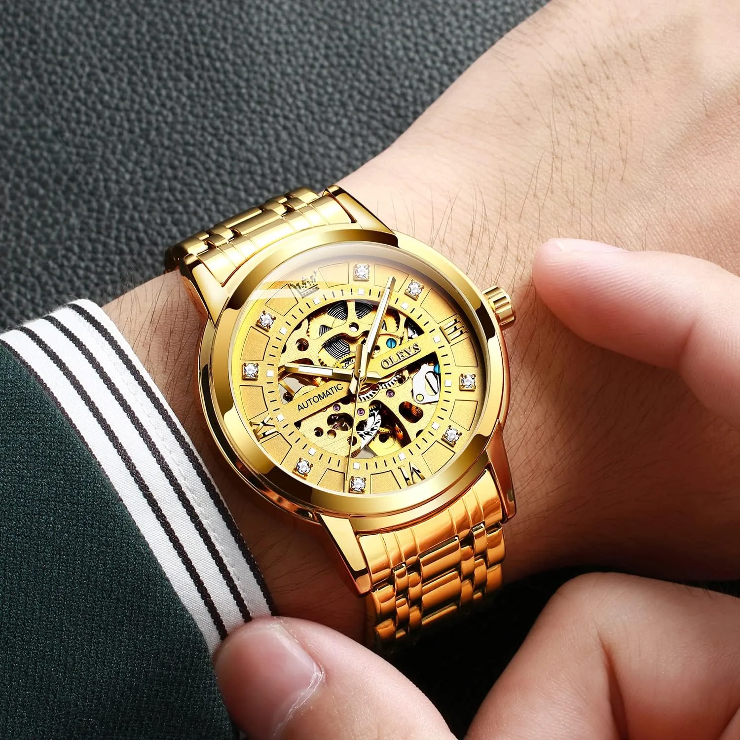 Waterproof Luminous Wrist Watches OLEVS Gold Skeleton Men's Automatic Mechanical ashcan botany counterexample federal Watches self Winding Luxury Dress Shiny Diamond Stainless Steel 