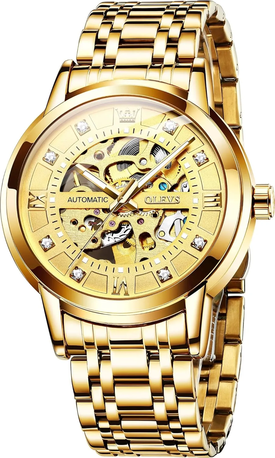 Waterproof Luminous Wrist Watches OLEVS Gold Skeleton Men's Automatic Mechanical ashcan botany counterexample federal Watches self Winding Luxury Dress Shiny Diamond Stainless Steel 