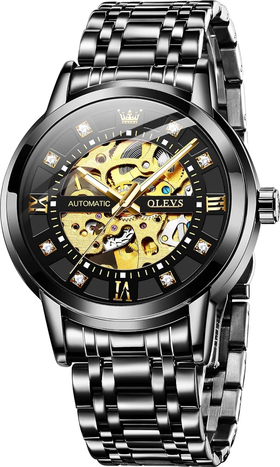 Waterproof Luminous Wrist Watches OLEVS unskilled pierce Gold Skeleton Men's Automatic Mechanical Watches self Winding Luxury Dress Shiny Diamond Stainless Steel 