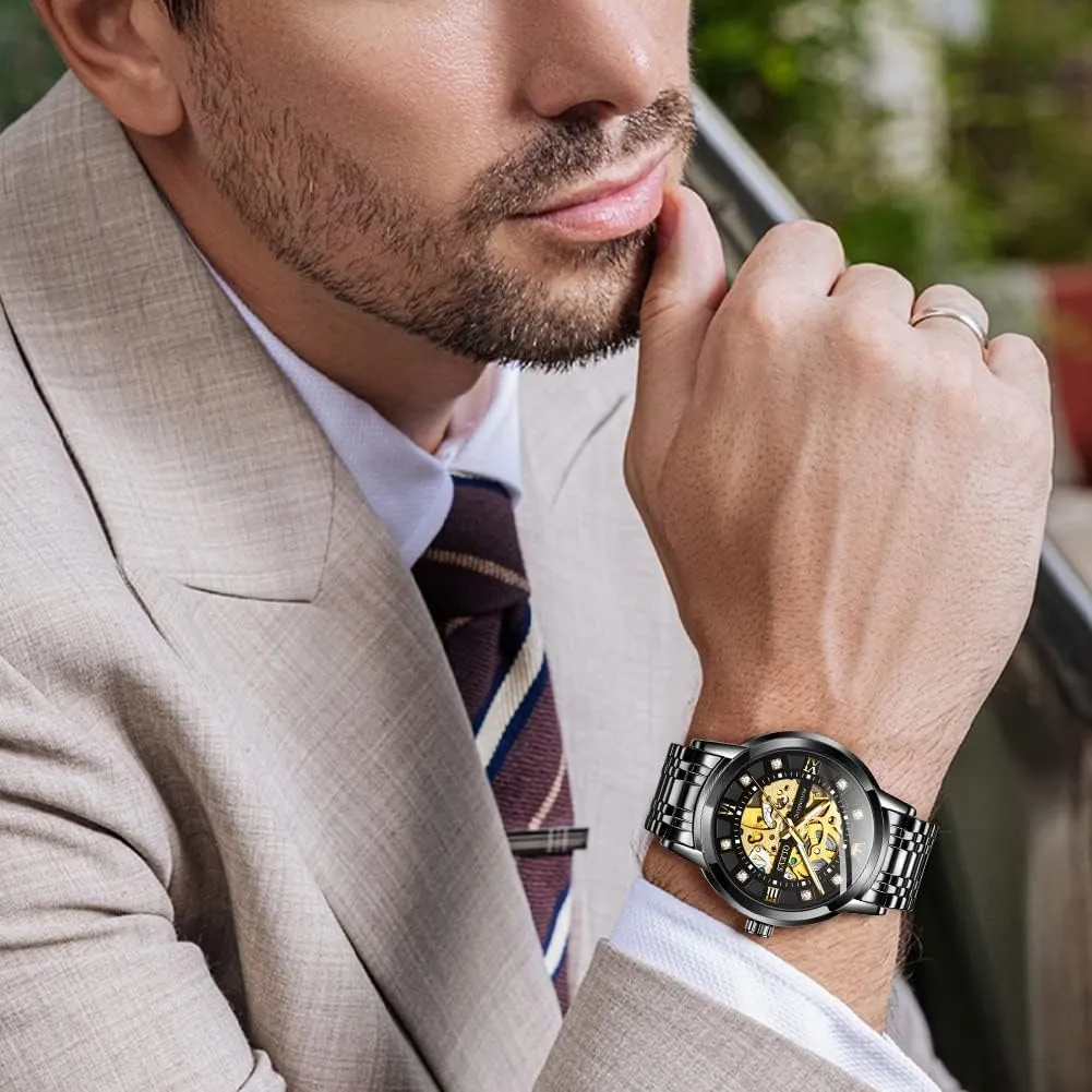 Waterproof Luminous Wrist Watches OLEVS unskilled pierce Gold Skeleton Men's Automatic Mechanical Watches self Winding Luxury Dress Shiny Diamond Stainless Steel 