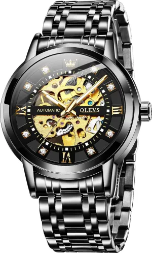 Waterproof Luminous Wrist Watches OLEVS unskilled pierce Gold Skeleton Men's Automatic Mechanical Watches self Winding Luxury Dress Shiny Diamond Stainless Steel 