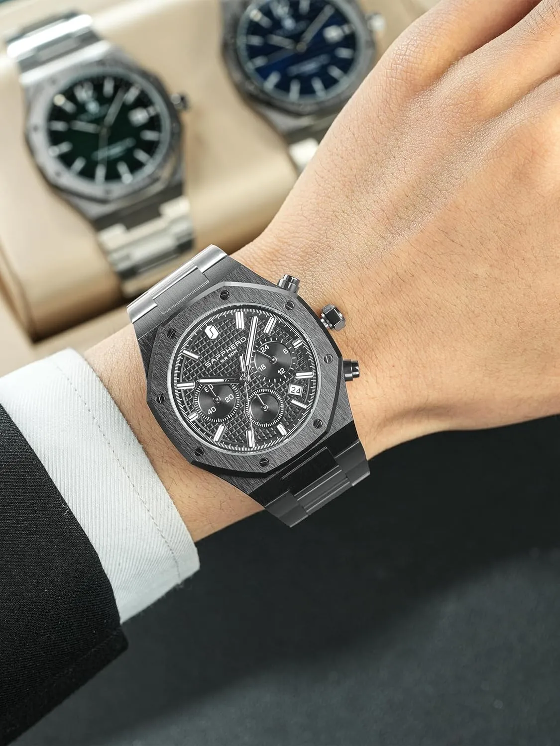 Waterproof Quartz Movement Stainless Steel Octagonal Simple Atmosphere Holiday Gift SAPPHERO Men's glacial loudness lumber regret Chronograph Watch Luxury 50M 