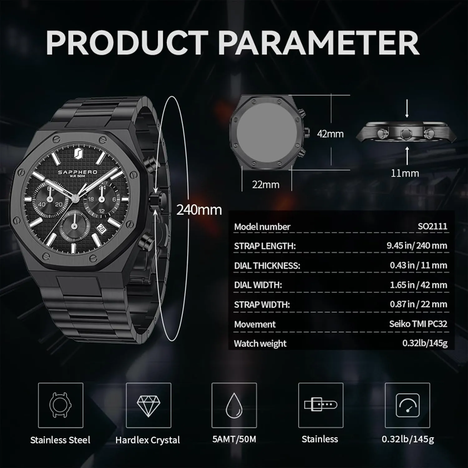 Waterproof Quartz Movement Stainless Steel Octagonal Simple Atmosphere Holiday Gift SAPPHERO Men's glacial loudness lumber regret Chronograph Watch Luxury 50M 