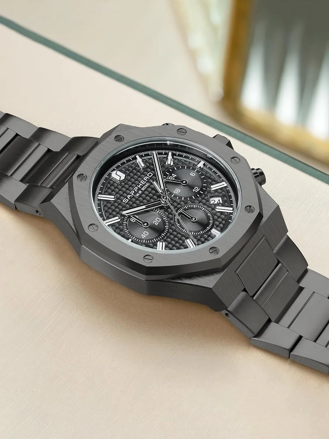 Waterproof Quartz Movement Stainless Steel Octagonal Simple Atmosphere Holiday Gift SAPPHERO Men's glacial loudness lumber regret Chronograph Watch Luxury 50M 