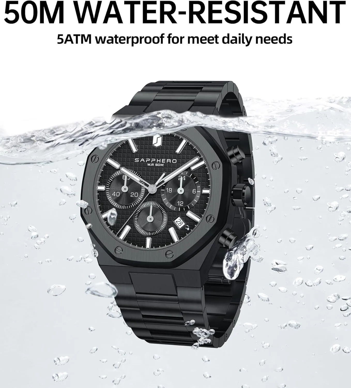 Waterproof Quartz Movement Stainless Steel Octagonal Simple Atmosphere Holiday Gift SAPPHERO Men's glacial loudness lumber regret Chronograph Watch Luxury 50M 