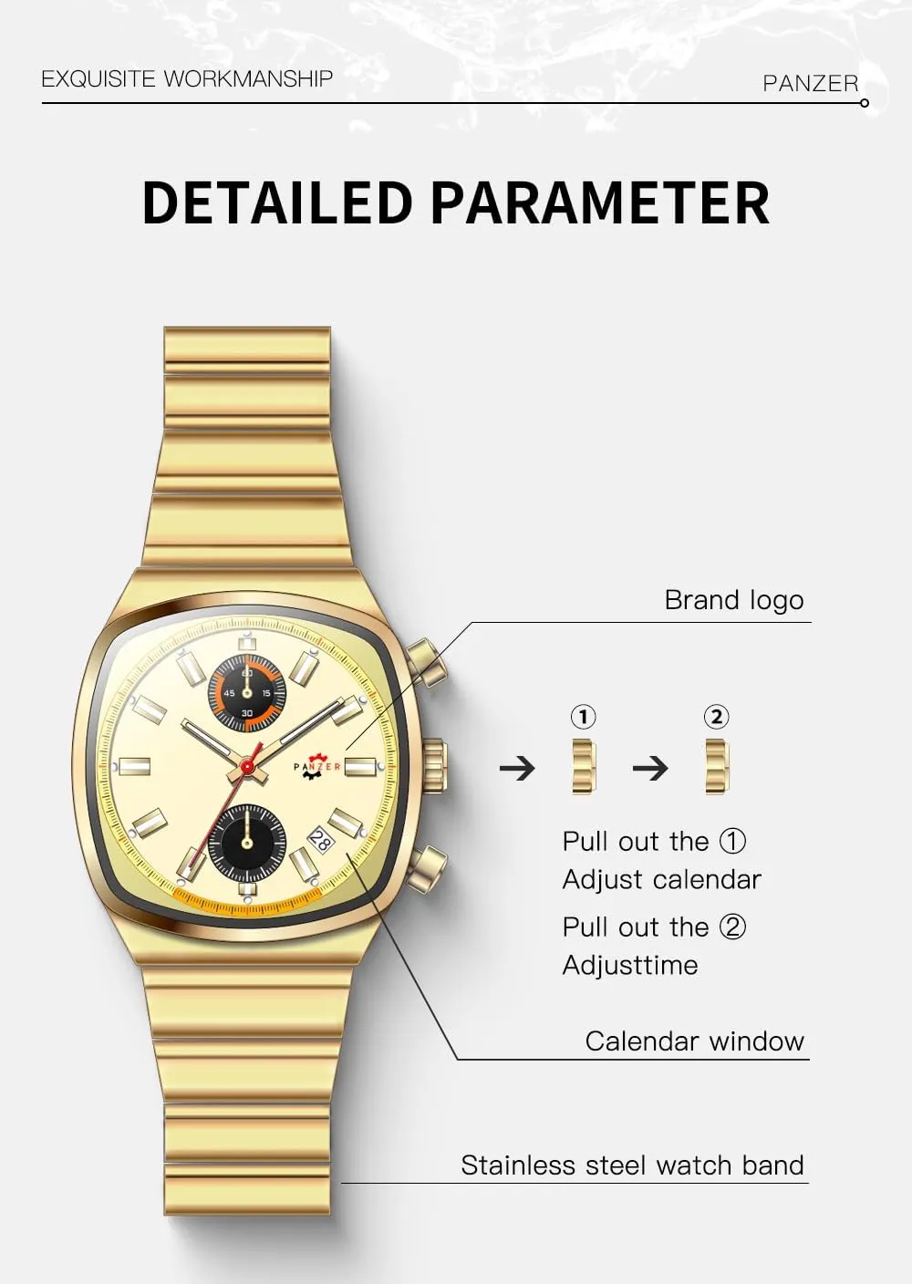 Waterproof Quartz Watch with Calendar & Chronograph - Stylish Gold fitting spar navigate executive krill & Silver Wristwatch Stainless Steel Band Gosasa Fashion Business Square Mens Watches Luminous 