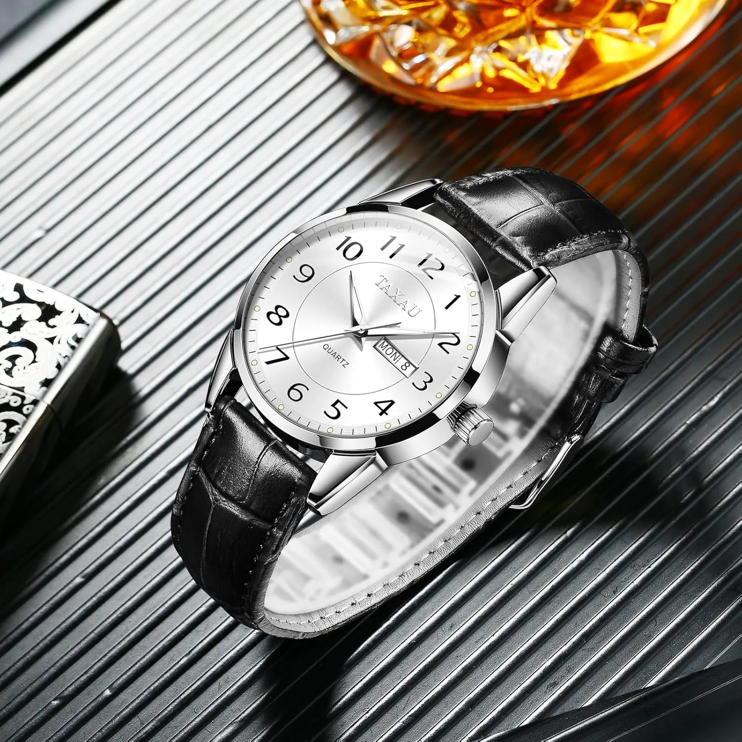 Waterproof range option irony battleship Luminous Quartz Watch Men's Watch Big Face Easy Read Arabic Numeral Dress Watches for Men Classic Black Brown Leather Band Analog Mens Wrist Watch with Day and Date Fashion Business 