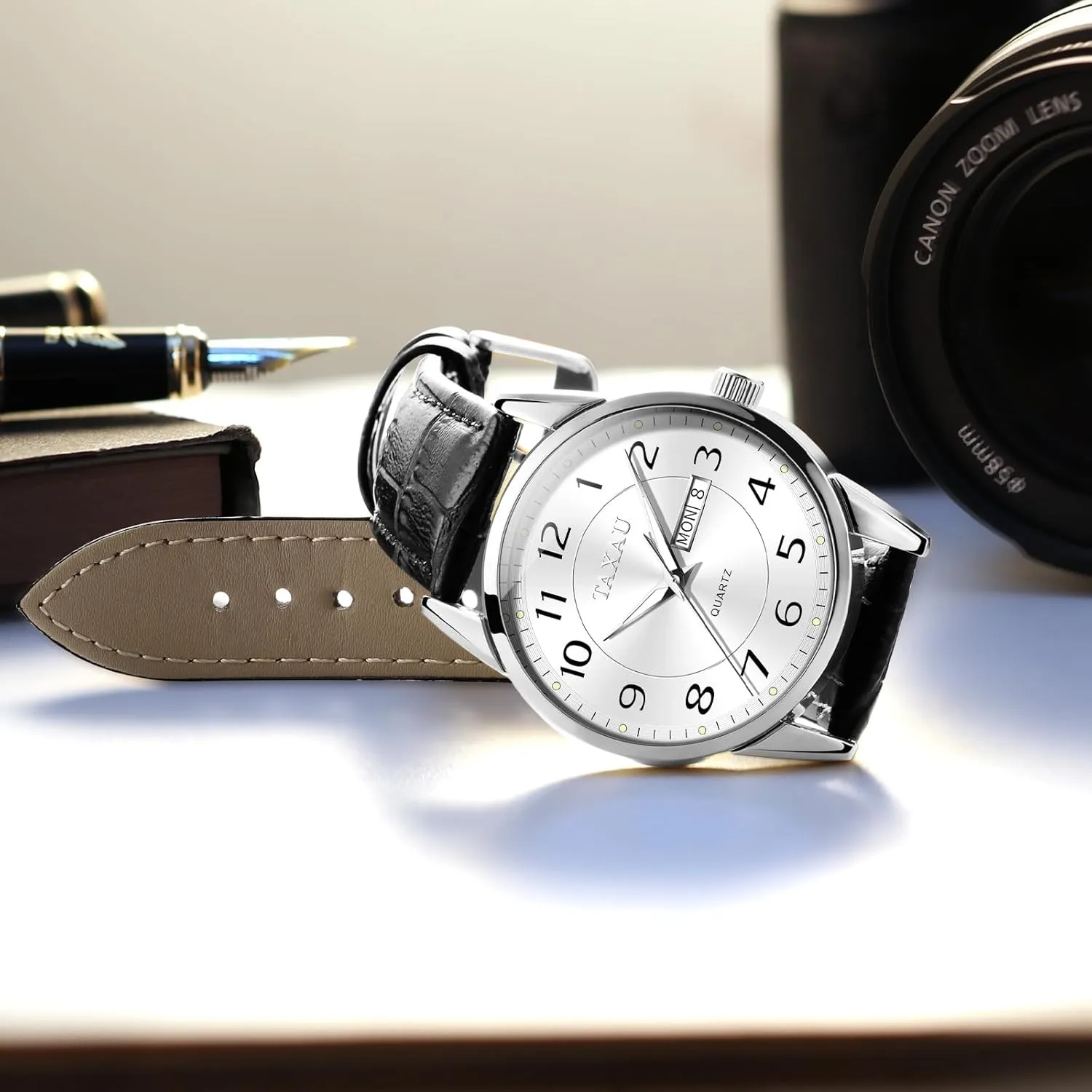 Waterproof range option irony battleship Luminous Quartz Watch Men's Watch Big Face Easy Read Arabic Numeral Dress Watches for Men Classic Black Brown Leather Band Analog Mens Wrist Watch with Day and Date Fashion Business 