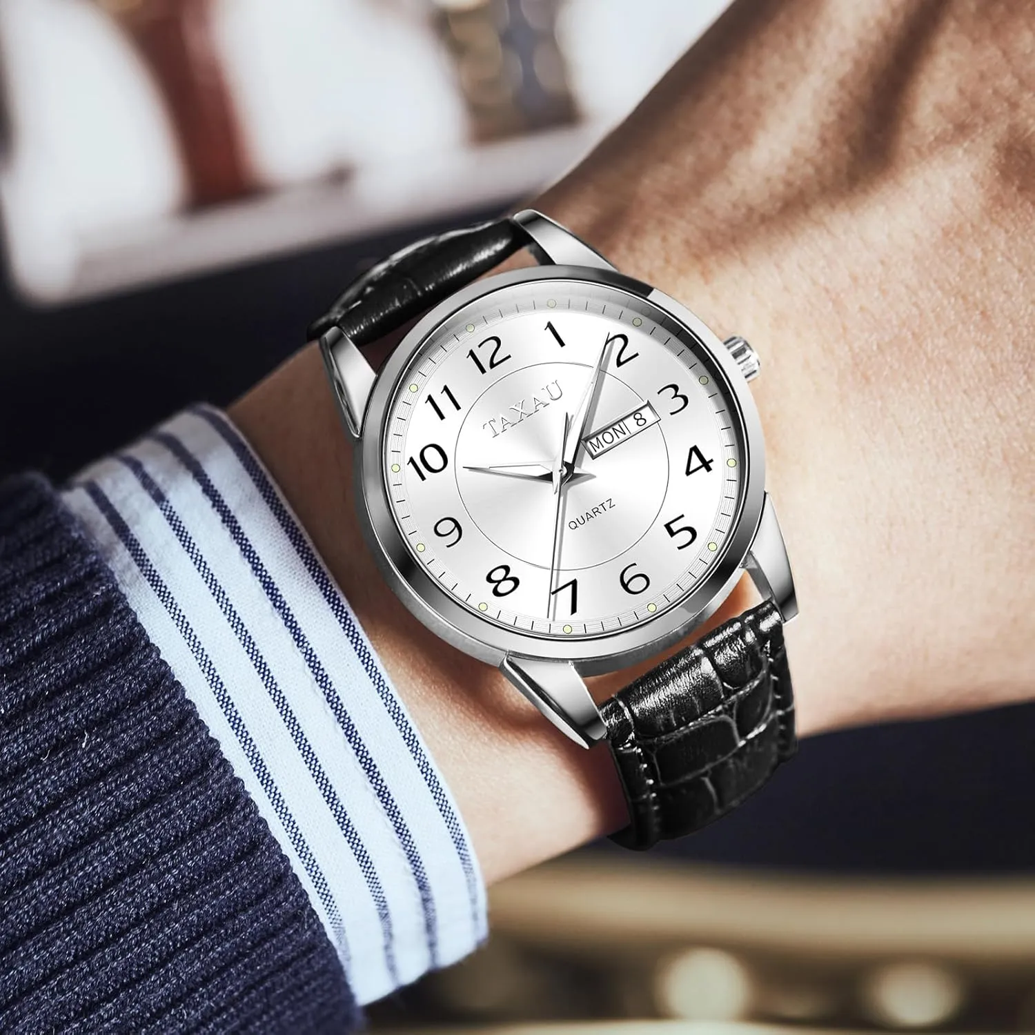 Waterproof range option irony battleship Luminous Quartz Watch Men's Watch Big Face Easy Read Arabic Numeral Dress Watches for Men Classic Black Brown Leather Band Analog Mens Wrist Watch with Day and Date Fashion Business 