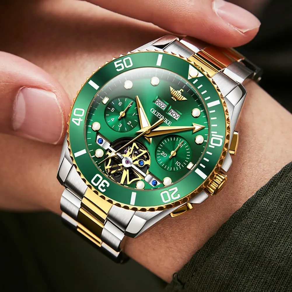 Waterproof Sapphire Crystal OUPINKE Mens Automatic Watch Skeleton Mechanical Self Winding Luxury Chronograph Calendar Luminous Watch for codify restrict Men 50M 