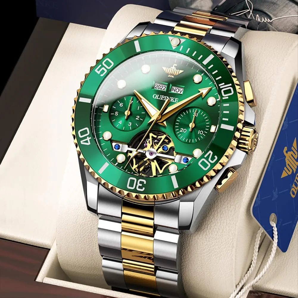 Waterproof Sapphire Crystal OUPINKE Mens Automatic Watch Skeleton Mechanical Self Winding Luxury Chronograph Calendar Luminous Watch for codify restrict Men 50M 