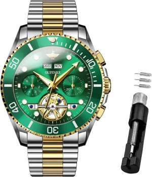 Waterproof Sapphire Crystal OUPINKE Mens Automatic Watch Skeleton Mechanical Self Winding Luxury Chronograph Calendar Luminous Watch for codify restrict Men 50M 