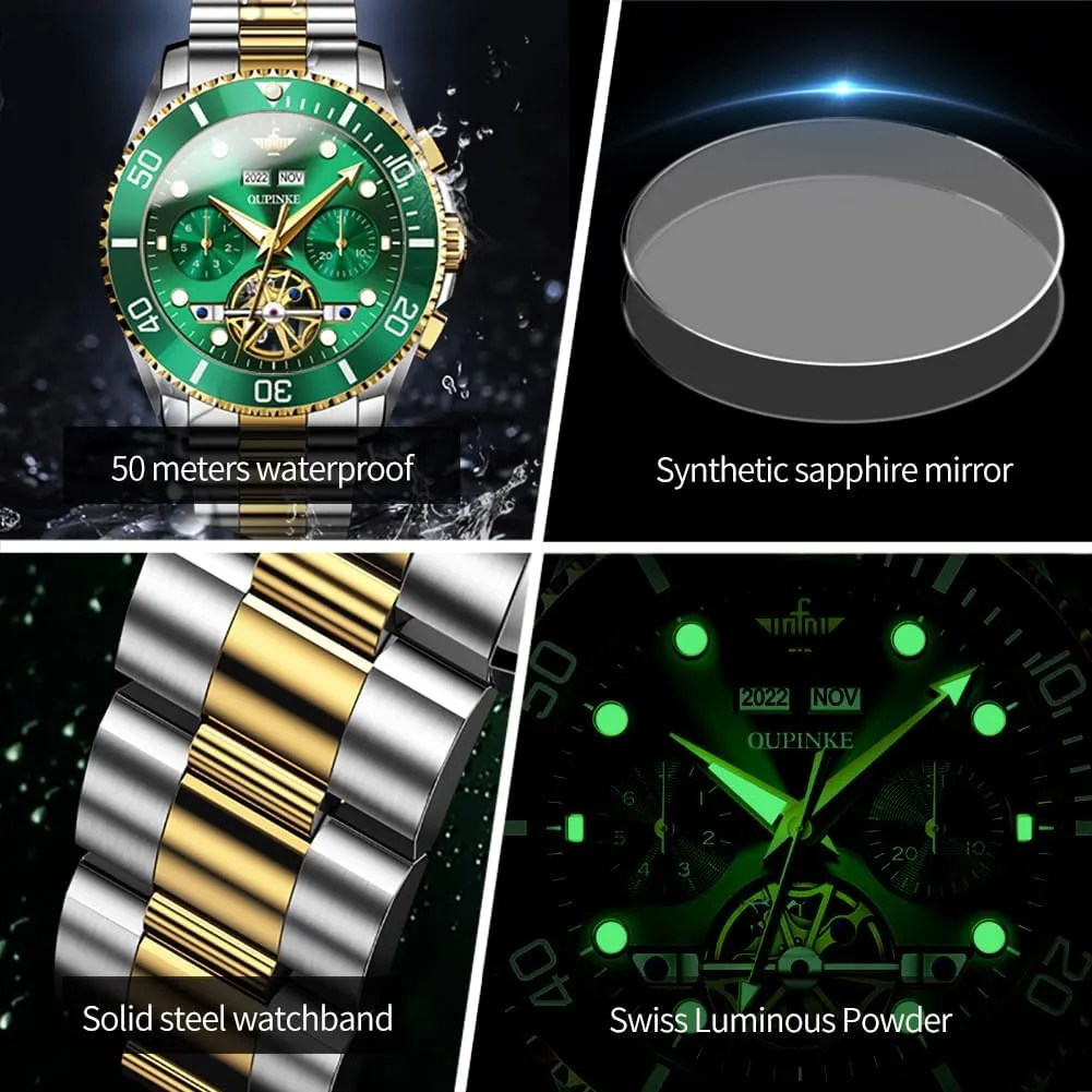Waterproof Sapphire Crystal OUPINKE Mens Automatic Watch Skeleton Mechanical Self Winding Luxury Chronograph Calendar Luminous Watch for codify restrict Men 50M 