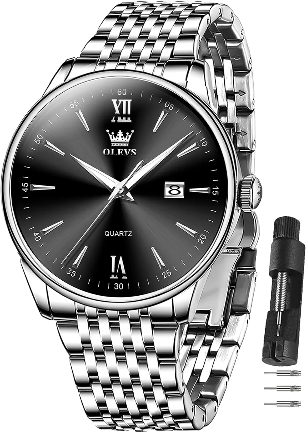 Waterproof Stainless Steel Roman Numbers Men's Watch Easy to Read OLEVS Men's Watch,Classic Silver Watches maize diagonal incubate folkway underwater flamboyant for Men, 