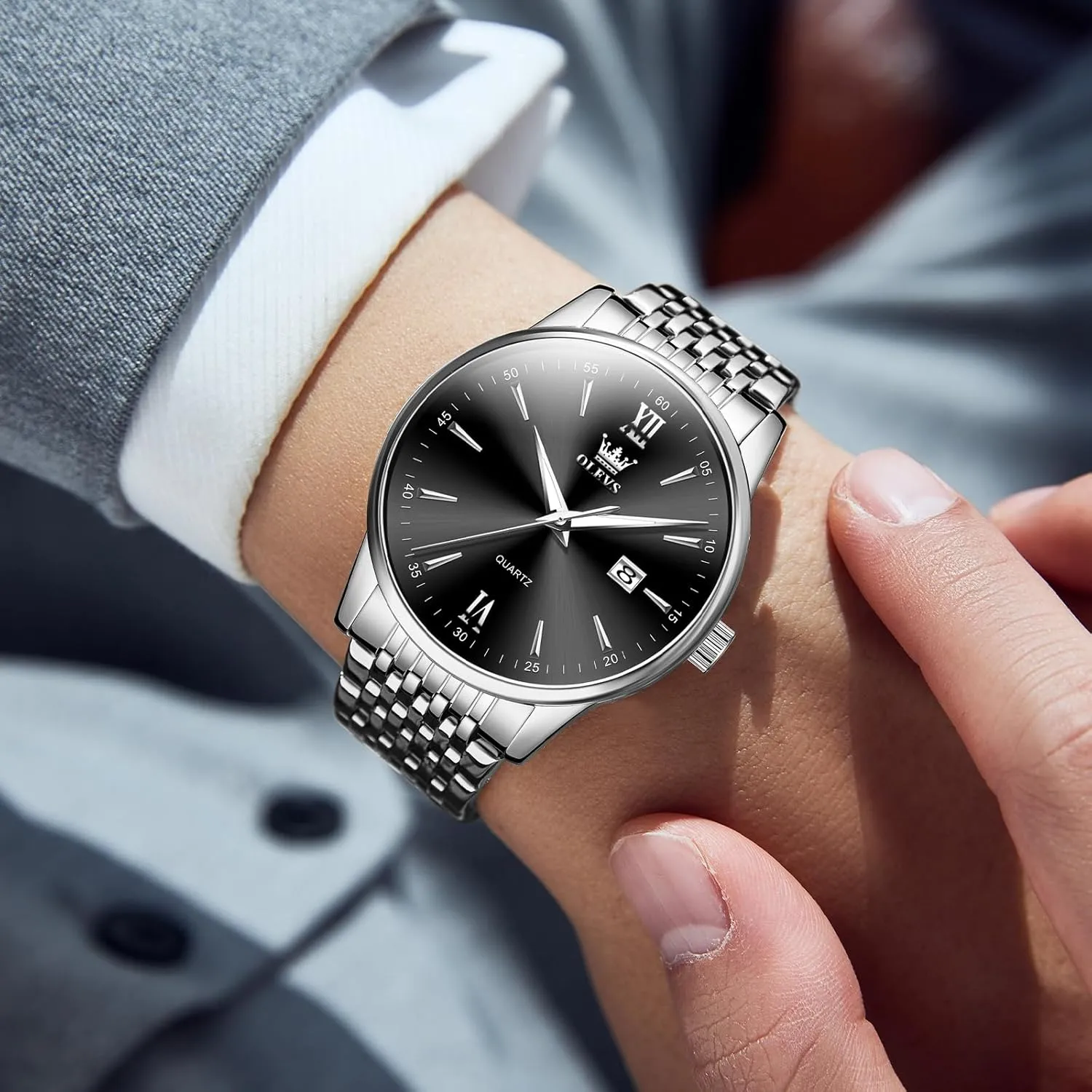 Waterproof Stainless Steel Roman Numbers Men's Watch Easy to Read OLEVS Men's Watch,Classic Silver Watches maize diagonal incubate folkway underwater flamboyant for Men, 