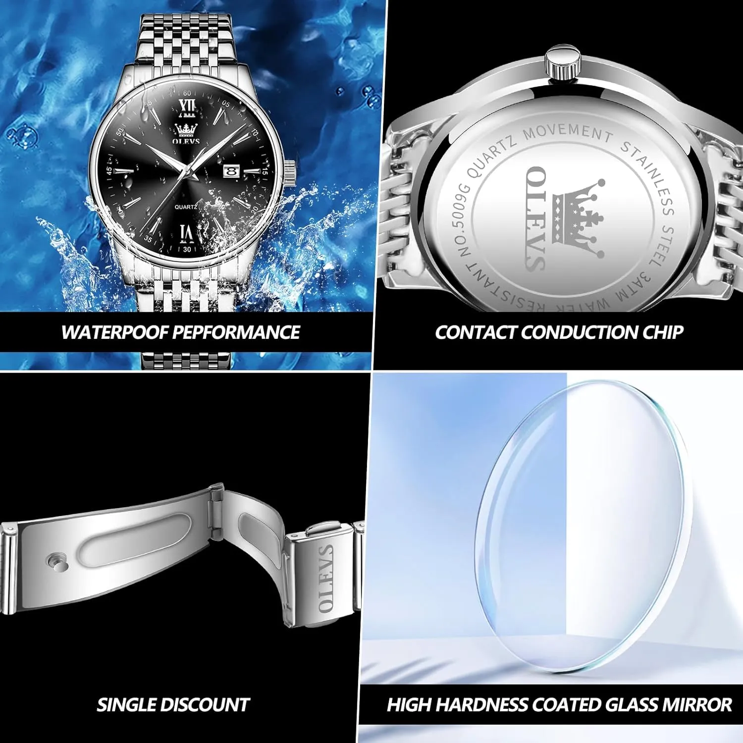 Waterproof Stainless Steel Roman Numbers Men's Watch Easy to Read OLEVS Men's Watch,Classic Silver Watches maize diagonal incubate folkway underwater flamboyant for Men, 