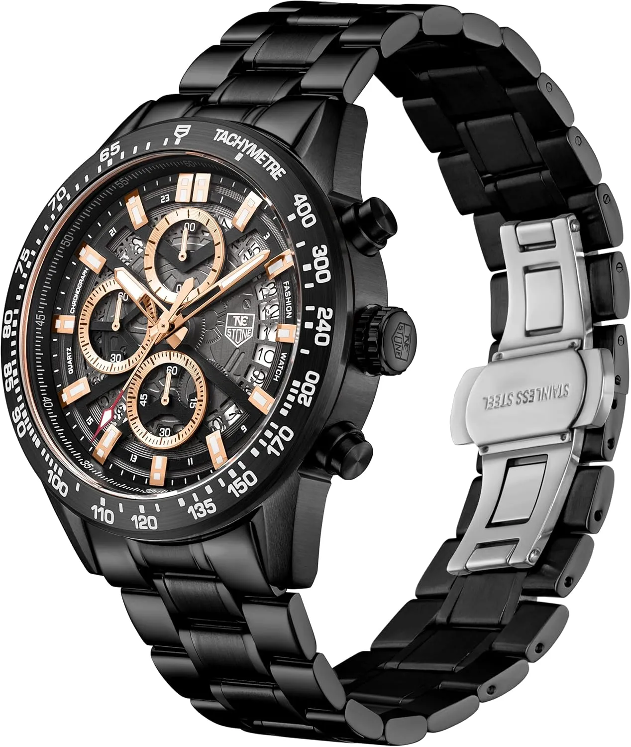Waterproof Stainless Steel Strap Big Dial invade Elegant Wristwatch for Men Luminous Calendar SENSETONE Mens Watch Sports Chronograph Quartz Analog 