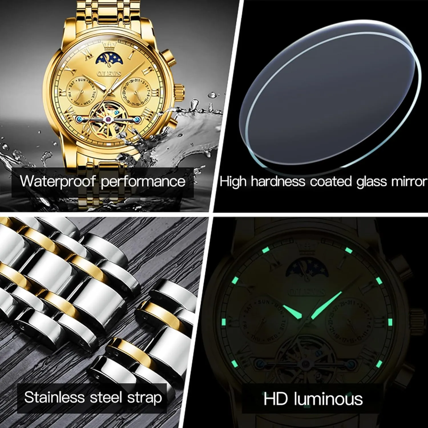 Waterproof Stainless Steel waterborne Men's Wrist Watches Luxury Expensive Watch,Adjustable Bracelet (Gift Tool) OLEVS Automatic Mechanical Watches for Men Self Winding 