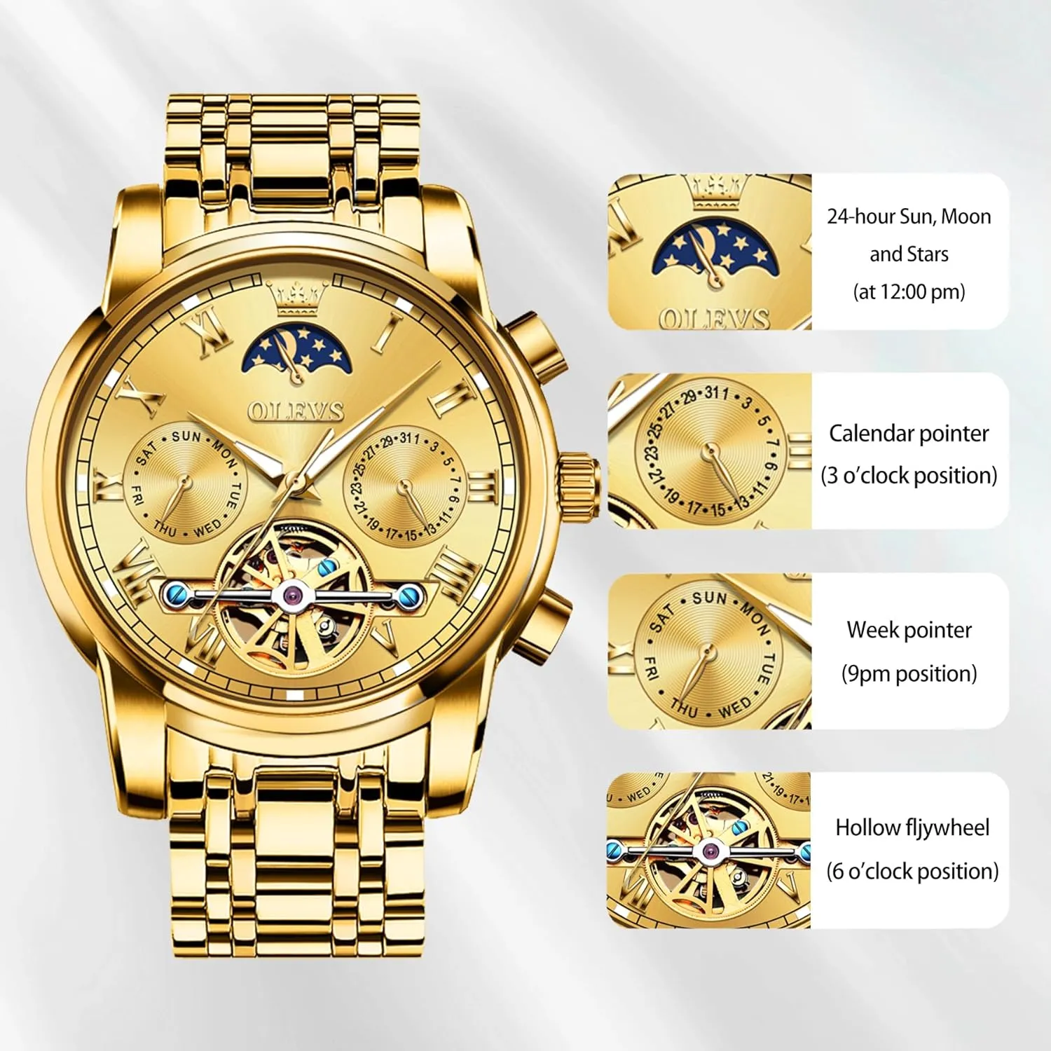 Waterproof Stainless Steel waterborne Men's Wrist Watches Luxury Expensive Watch,Adjustable Bracelet (Gift Tool) OLEVS Automatic Mechanical Watches for Men Self Winding 