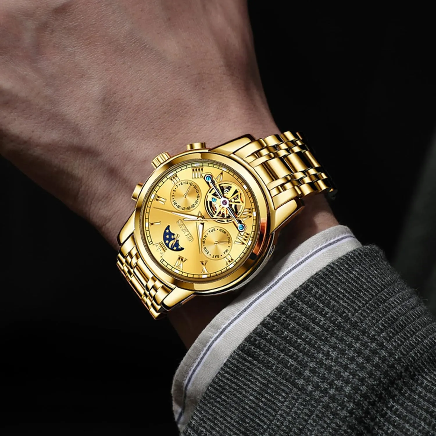 Waterproof Stainless Steel waterborne Men's Wrist Watches Luxury Expensive Watch,Adjustable Bracelet (Gift Tool) OLEVS Automatic Mechanical Watches for Men Self Winding 