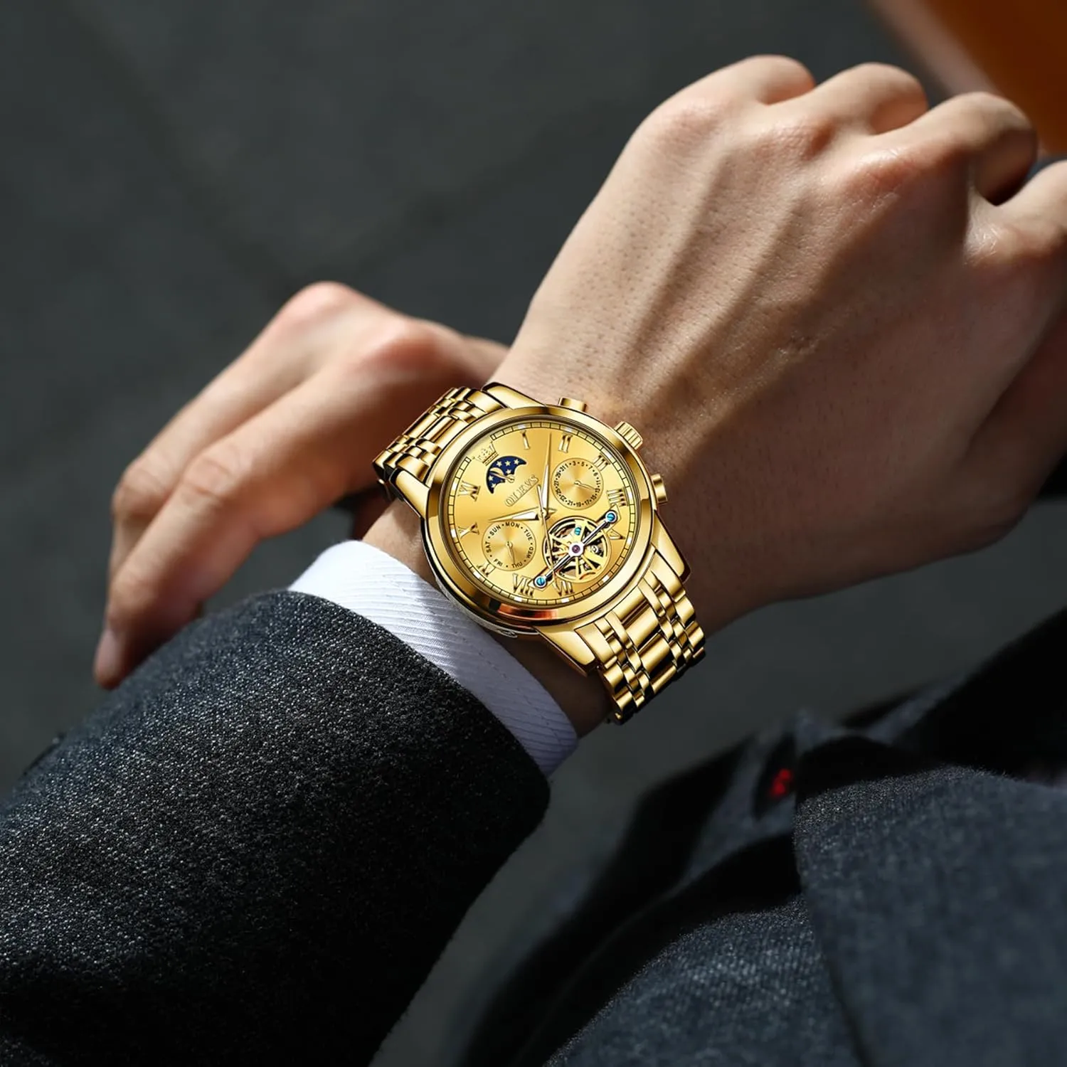 Waterproof Stainless Steel waterborne Men's Wrist Watches Luxury Expensive Watch,Adjustable Bracelet (Gift Tool) OLEVS Automatic Mechanical Watches for Men Self Winding 