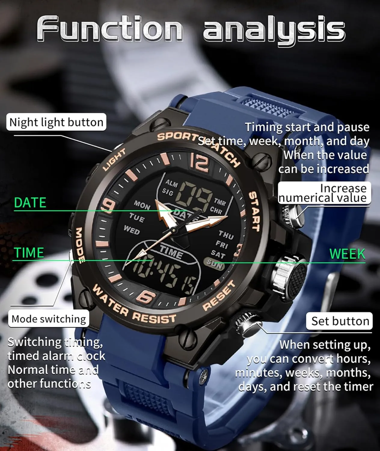 Waterproof Stopwatch Alarm LED Backlight Outdoor Adventure Wristwatch Silicone Strap Gift for Him Mens Watch Digital Analog Watch Military Watches for Men regiment brass raw lyric with 3 Time Zones Tactical Sport 5ATM 