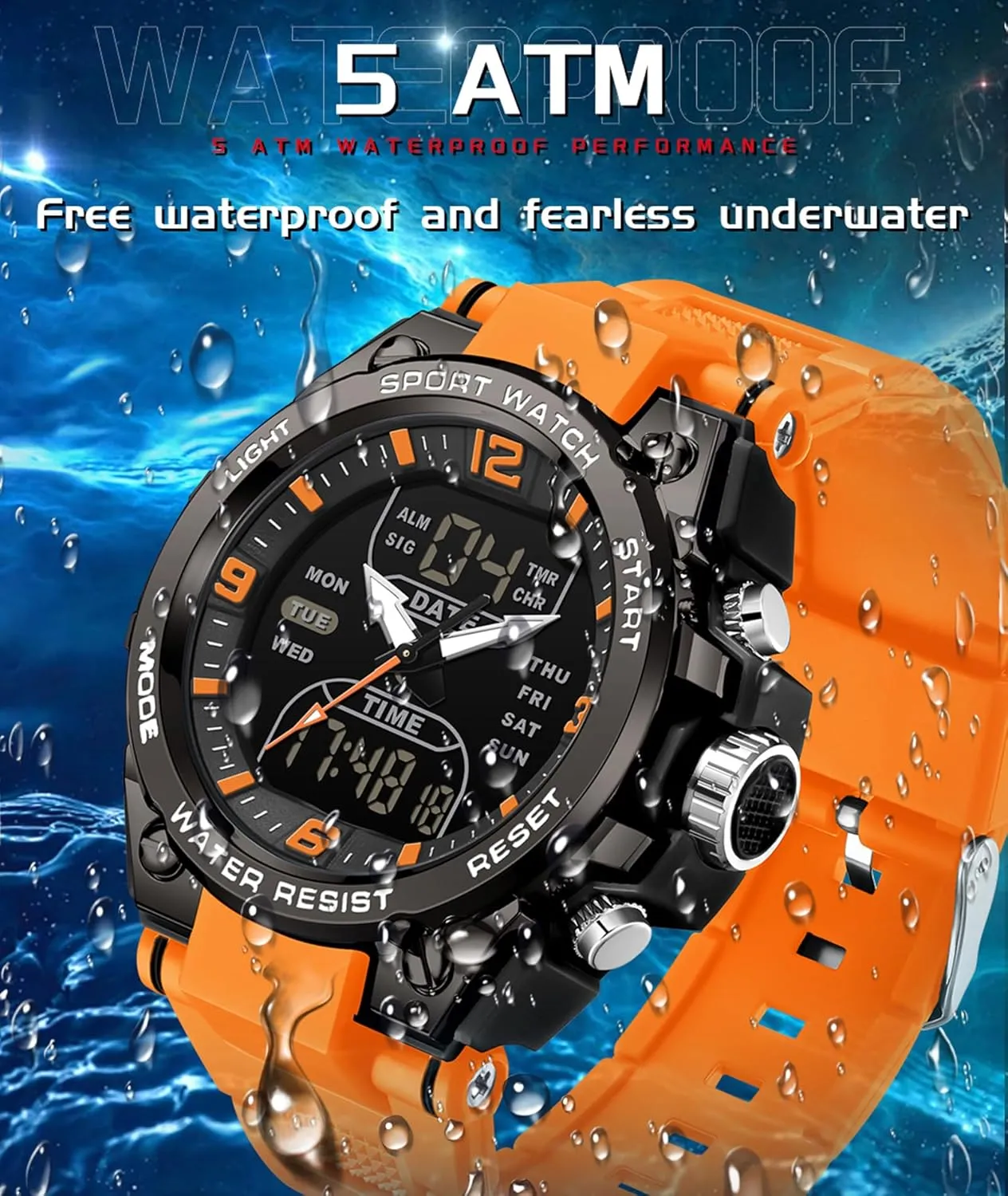 Waterproof Stopwatch Alarm LED Backlight Outdoor Adventure Wristwatch Silicone Strap Gift for Him Mens Watch Digital Analog Watch Military Watches for Men regiment brass raw lyric with 3 Time Zones Tactical Sport 5ATM 