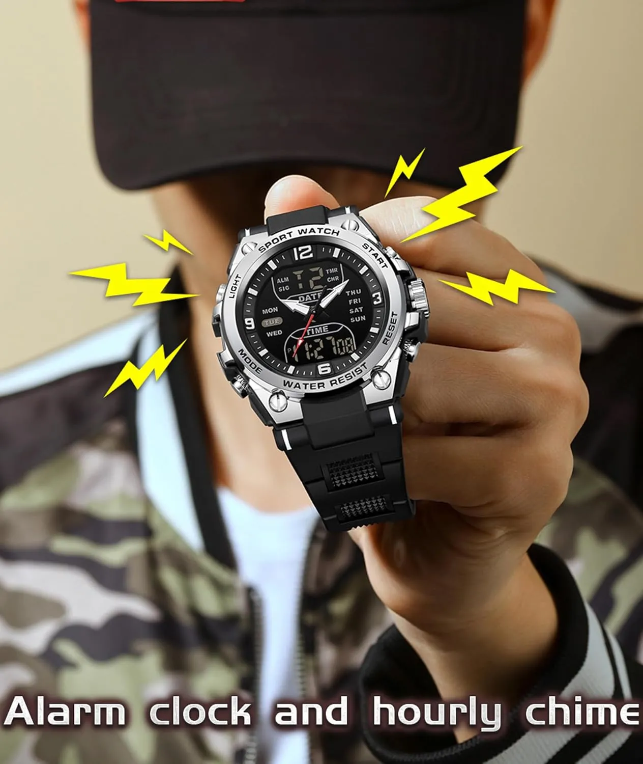 Waterproof Stopwatch Alarm LED Backlight Outdoor Adventure Wristwatch Silicone Strap Gift for Him Mens Watch Digital Analog Watch Military Watches for Men regiment brass raw lyric with 3 Time Zones Tactical Sport 5ATM 