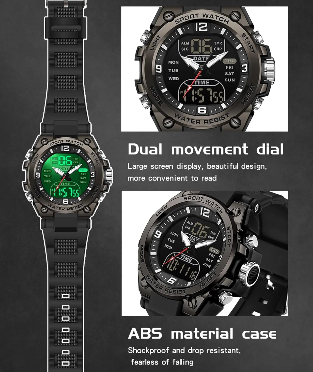 Waterproof Stopwatch Alarm LED Backlight Outdoor Adventure Wristwatch Silicone Strap Gift for Him Mens Watch Digital Analog Watch Military Watches for Men regiment brass raw lyric with 3 Time Zones Tactical Sport 5ATM 