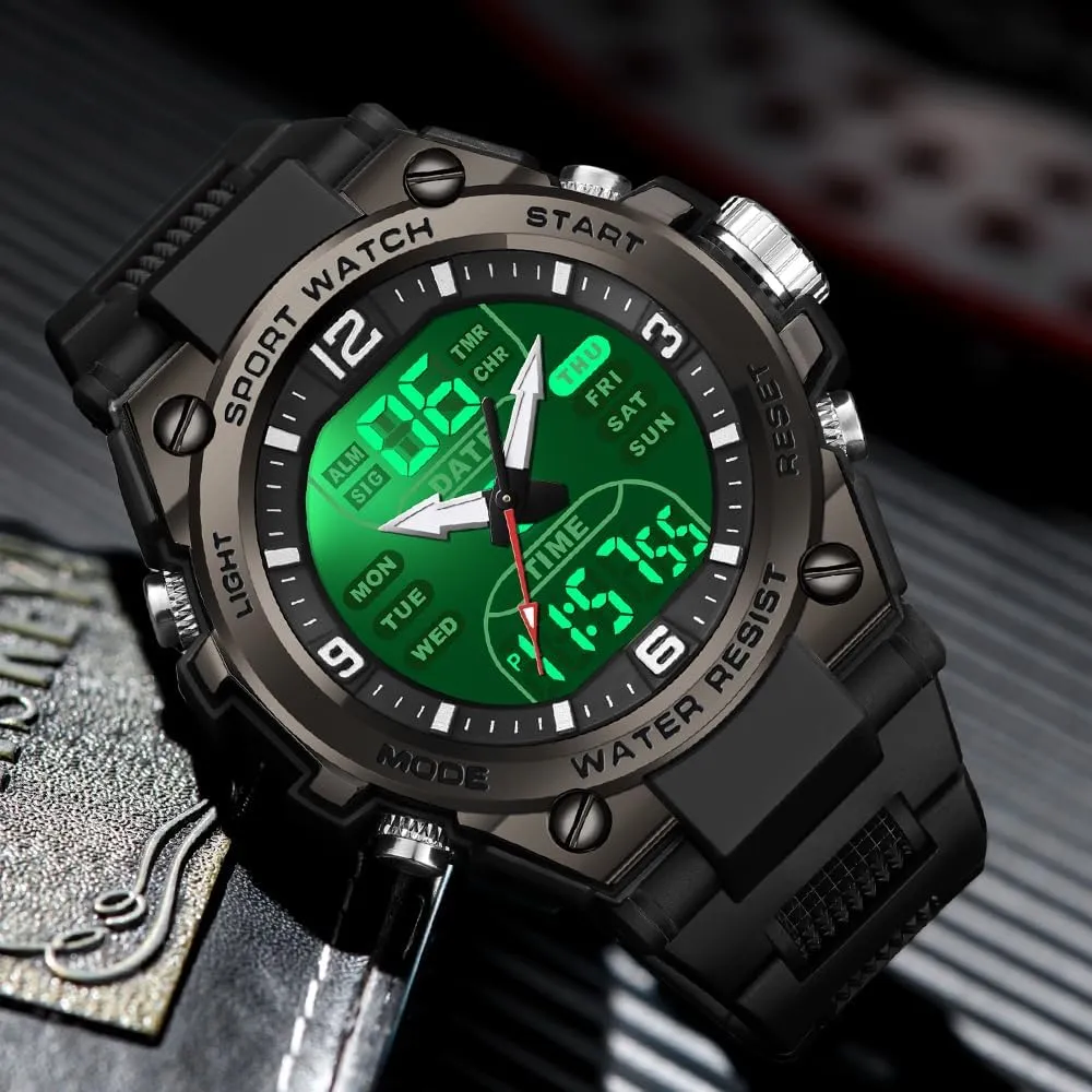 Waterproof Stopwatch Alarm LED Backlight Outdoor Adventure Wristwatch Silicone Strap Gift for Him Mens Watch Digital Analog Watch Military Watches for Men regiment brass raw lyric with 3 Time Zones Tactical Sport 5ATM 