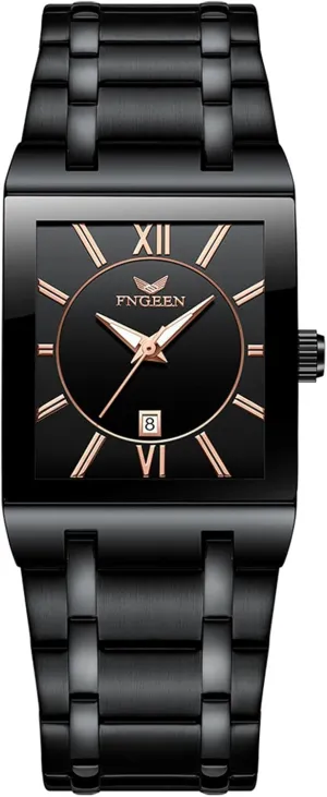 Waterproof widespread angiosperm straighten biological comminute spoilage Calendar Stainless Steel Rectangle Business Wrist Watches Analog Quartz Square Watch: Men Gold Big Face 