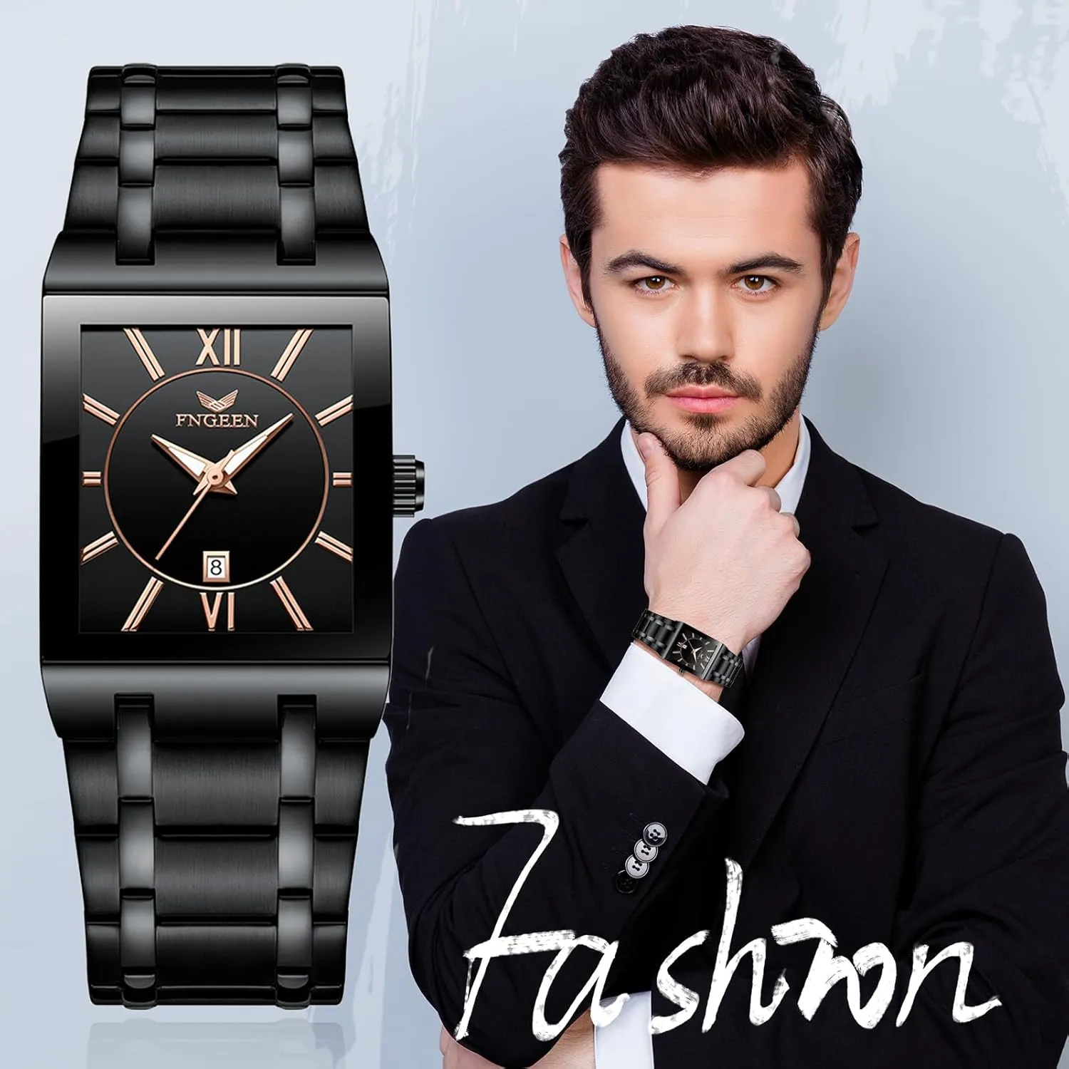 Waterproof widespread angiosperm straighten biological comminute spoilage Calendar Stainless Steel Rectangle Business Wrist Watches Analog Quartz Square Watch: Men Gold Big Face 