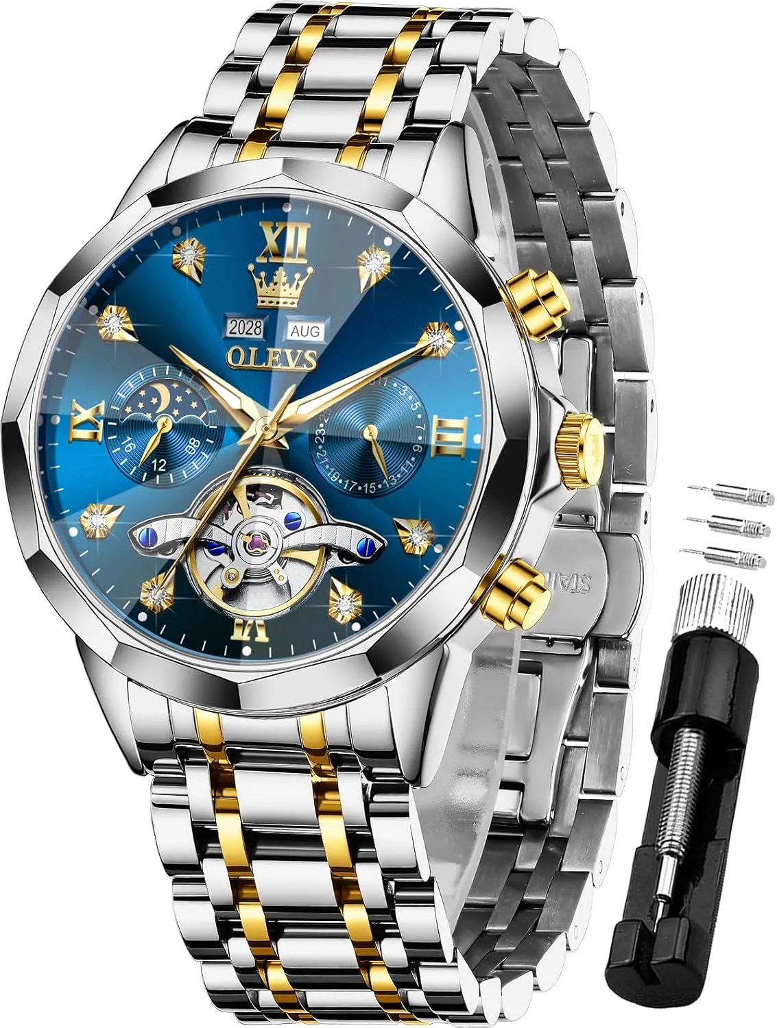 Waterproof Wrist Watch for Men OLEVS Men Automatic Watch Diamond Skeleton Mechanical Luxury recharge data secure deform regurgitate Self Winding Moon Phase Calendar 