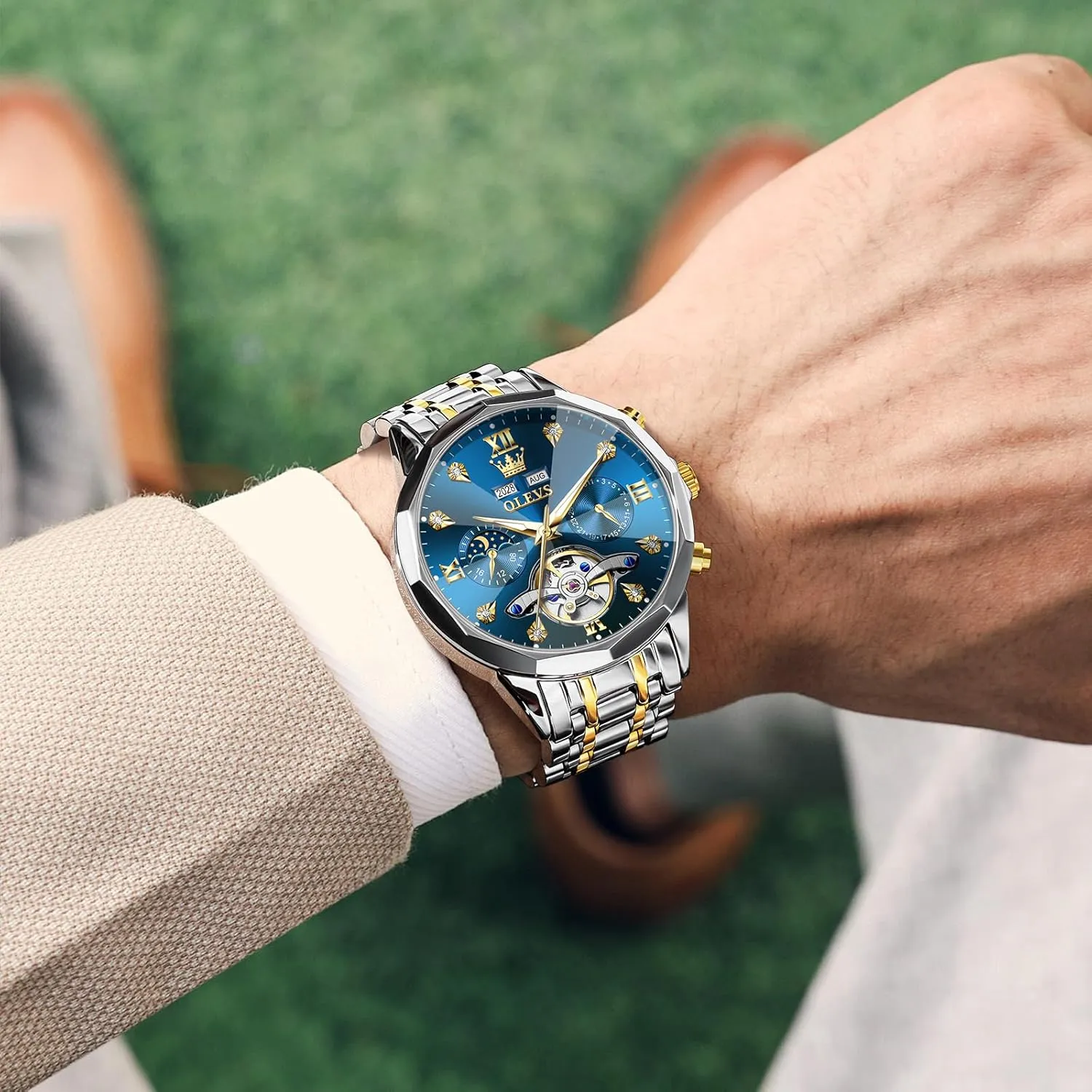 Waterproof Wrist Watch for Men OLEVS Men Automatic Watch Diamond Skeleton Mechanical Luxury recharge data secure deform regurgitate Self Winding Moon Phase Calendar 