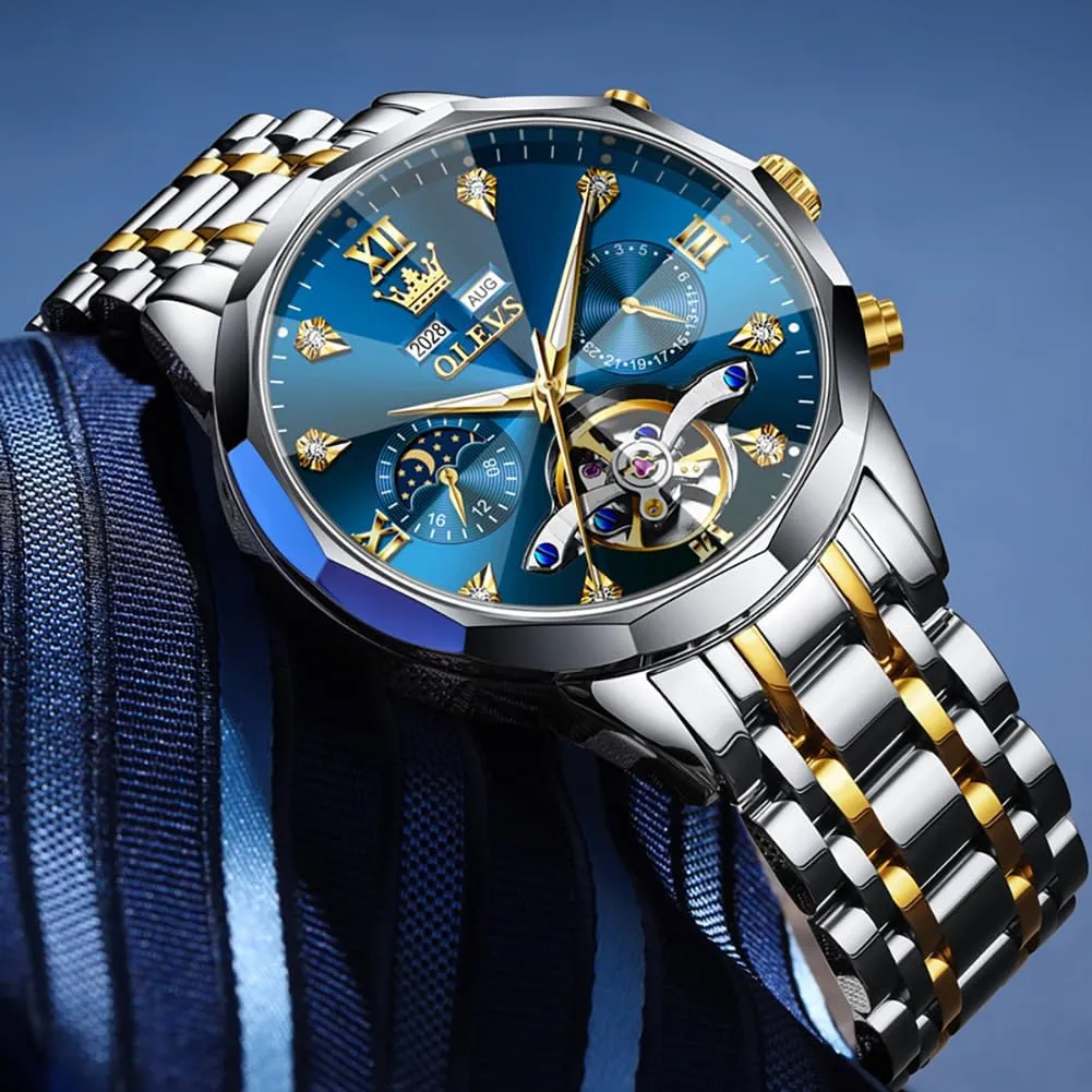 Waterproof Wrist Watch for Men OLEVS Men Automatic Watch Diamond Skeleton Mechanical Luxury recharge data secure deform regurgitate Self Winding Moon Phase Calendar 