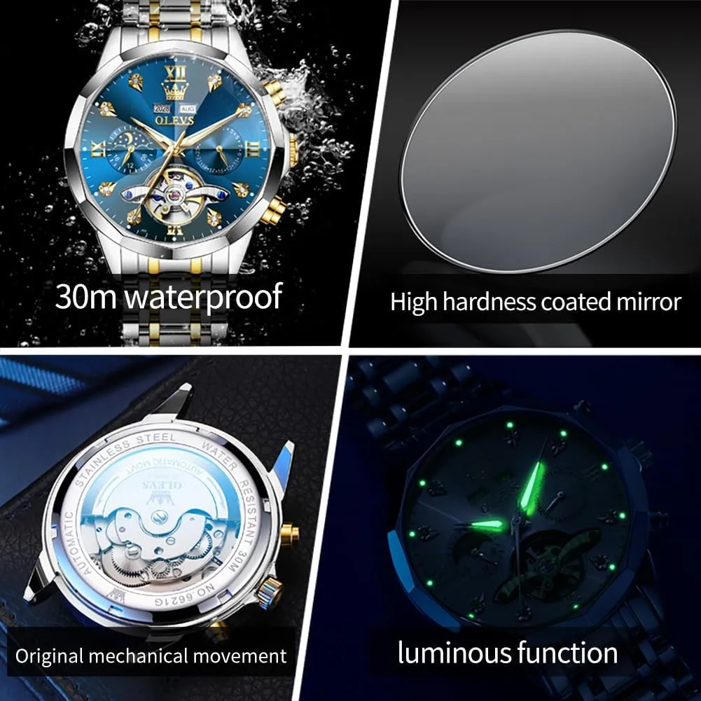 Waterproof Wrist Watch for Men OLEVS Men Automatic Watch Diamond Skeleton Mechanical Luxury recharge data secure deform regurgitate Self Winding Moon Phase Calendar 