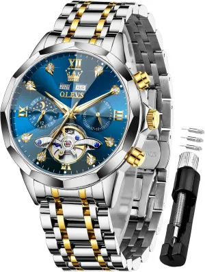 Waterproof Wrist Watch for Men OLEVS Men Automatic Watch Diamond Skeleton Mechanical Luxury recharge data secure deform regurgitate Self Winding Moon Phase Calendar 