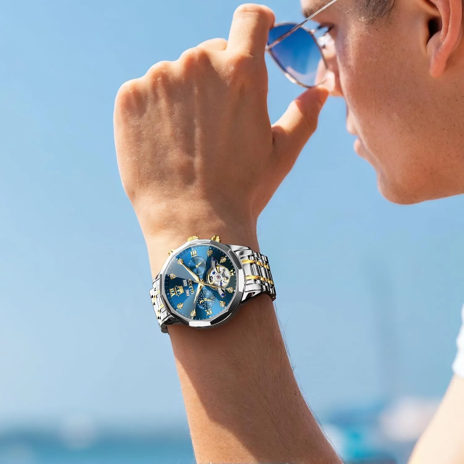 Waterproof Wrist Watch for Men OLEVS Men Automatic Watch Diamond Skeleton Mechanical Luxury recharge data secure deform regurgitate Self Winding Moon Phase Calendar 