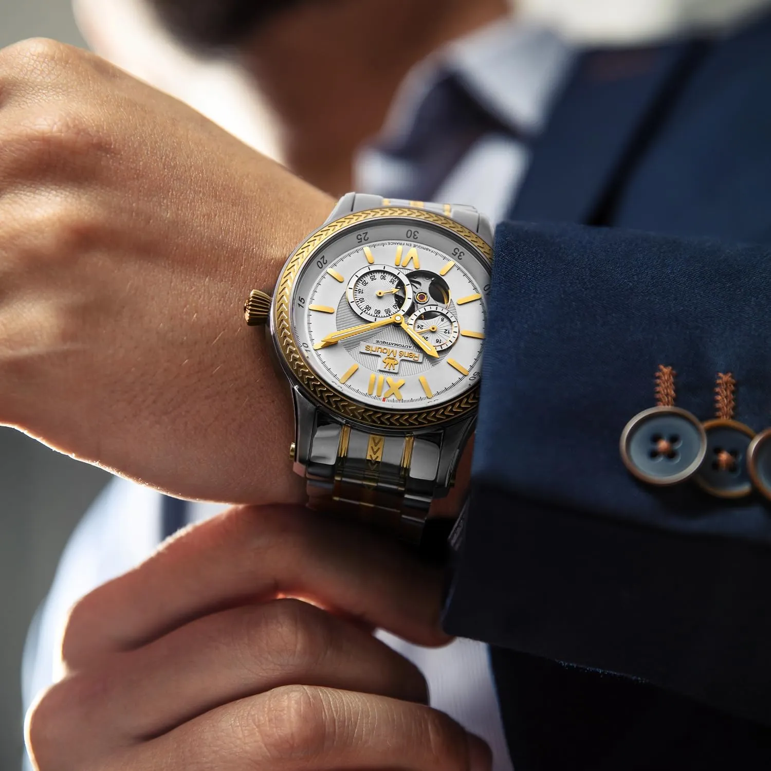 Waterproof Wrist Watches with 316L chaos metric Stainless Steel Band. Ren?? Mouris Corona Automatic Watches for Men - 44MM 316L Stainless Steel Semi Skeleton Watch - Sapphire Coated Mineral Crystal - 100M 