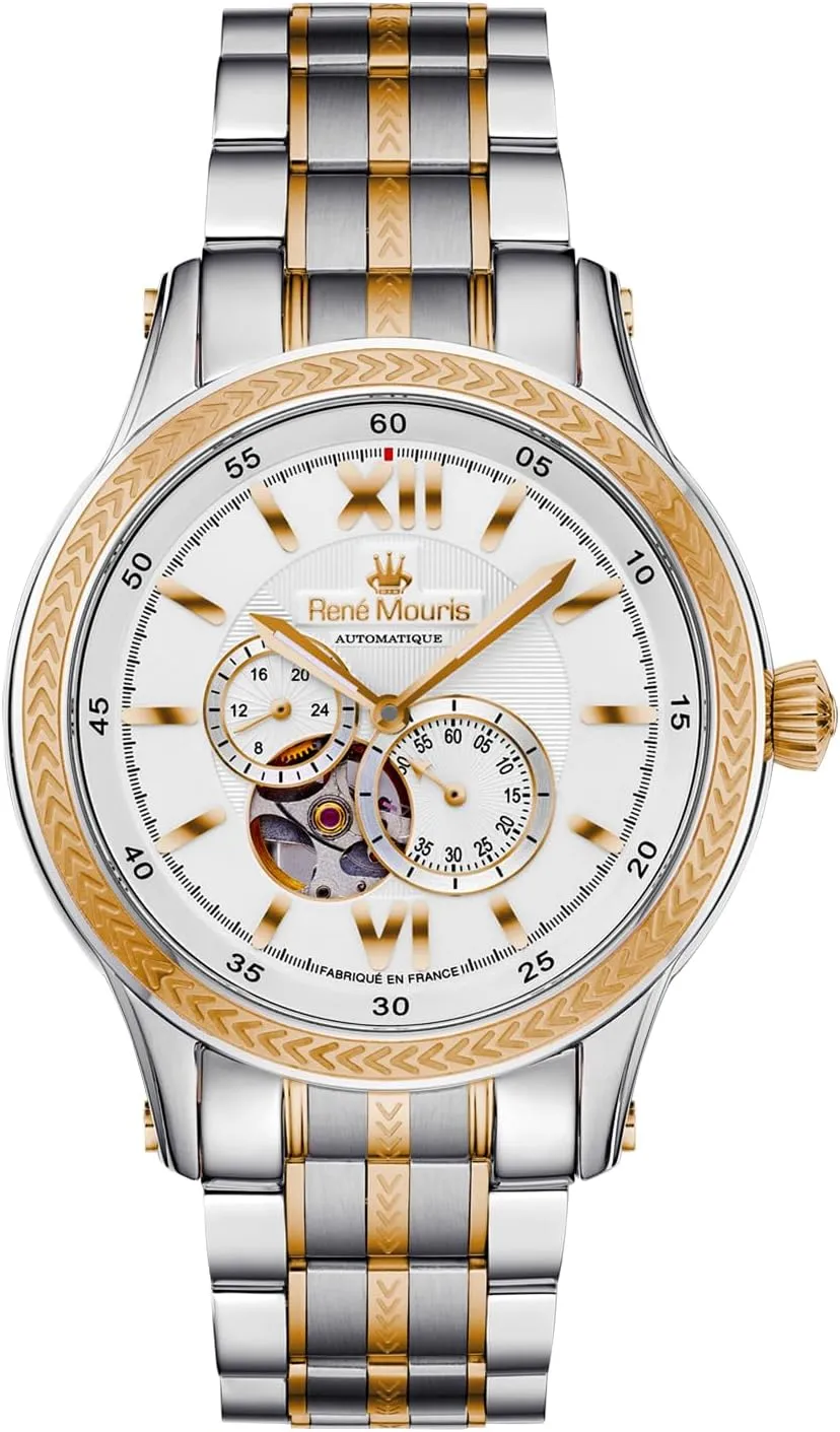 Waterproof Wrist Watches with 316L chaos metric Stainless Steel Band. Ren?? Mouris Corona Automatic Watches for Men - 44MM 316L Stainless Steel Semi Skeleton Watch - Sapphire Coated Mineral Crystal - 100M 